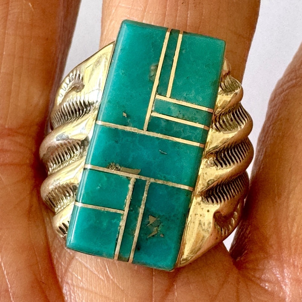 Bigger Turquoise Inlay Mens Ring Sz 12 Signed PLL Lincoln Navajo Sterling Signed